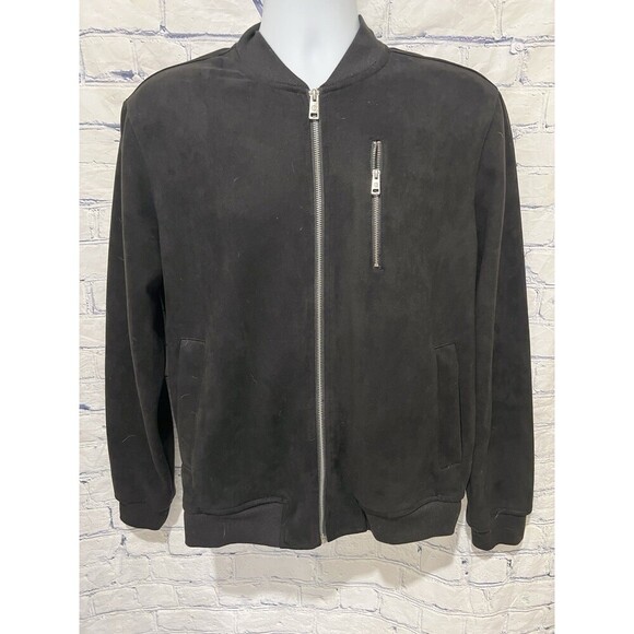 Ben Sherman Jacket Mens Medium Black Bomber Faux Suede Full Zip Pocket Casual - Picture 1 of 6